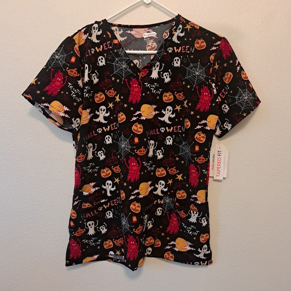 Scrubaid Halloween Ghosts Pumpkins Scrub Top Tapered Fit 4-Way Stretch Black L